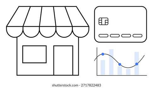 Comercio electrónico, transacciones financieras, análisis minorista, crecimiento del negocio, comportamiento de los Clientes, sistemas de pago. La Imagen muestra una tienda, una tarjeta de crédito y un gráfico. Comercio electrónico y transacciones financieras