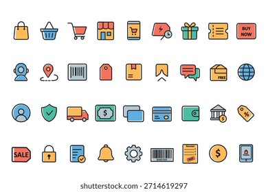 Conjunto de iconos de color plano de comercio electrónico para compras en línea y mercado digital