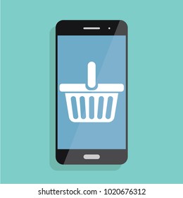 E-commerce flat design concept. Cart icon. Using mobile smart phone for online purchasing