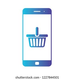 E-commerce flat design concept. Cart icon. Using mobile smart phone for online purchasing. Isolated gradient blue icon on white background