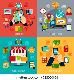 E-commerce flat design concept with delivery service, online shopping, secure payment, electronic technologies isolated vector illustration 