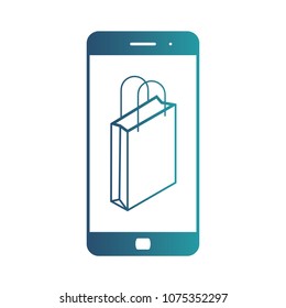 E-commerce flat design concept. Shopping bag. Sales shopping. Cart icon. Using mobile smart phone for online purchasing. Isolated gradient blue icon on white background