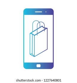 E-commerce flat design concept. Shopping bag. Sales shopping. Cart icon. Using mobile smart phone for online purchasing. Isolated gradient blue icon on white background