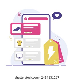 Ilustración de diseño plano de comercio electrónico App de compras móvil, tecnología en línea moderna, iconos de Servicio al cliente. Producto de calificación y tienda, fondo blanco aislado de Vector