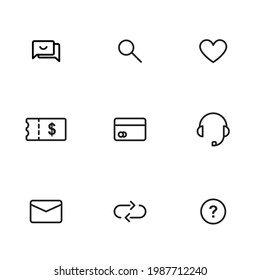 conjunto de iconos planos de comercio electrónico. Colección de iconos web en línea como gráfico, búsqueda, elementos de cupón, servicio, etc. Conjunto ui universal. Icono de diseño de uso web. Iconos digitales internacionales. Ui set.