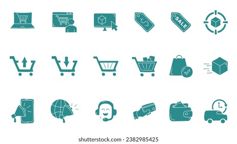 E-commerce flat icon set. Online shopping and delivery elements. E-commerce doodle icon collections.