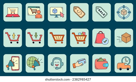 E-commerce flat icon set. Online shopping and delivery elements. E-commerce doodle icon collections.