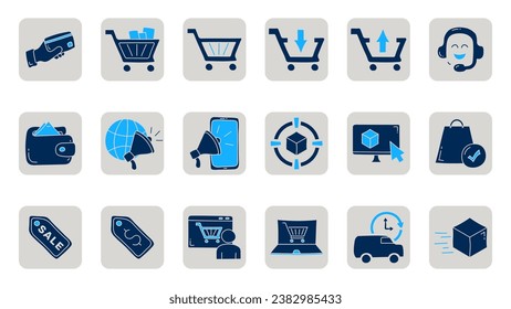 Juego de iconos planos de comercio electrónico. Compras y entregas en línea. Colecciones de iconos del doodle de comercio electrónico.
