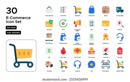 E-Commerce Flat Icon Set: Online Stores, Shopping Carts, and Digital Transactions Icons