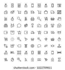 Juego de iconos planos de comercio electrónico . Símbolo único de esquema de alta calidad de información para diseño web o aplicación móvil. Señales de línea delgadas para el logotipo de diseño, tarjeta de visita, etc. Esquema del logotipo de comercio electrónico