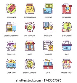 E-Commerce Flat Icons Set. Special Offer, Shopping Bag, Order Checkout And Shipping, 24h Customer Support, Sale And Delivery Line Pictograms For Mobile App. Online Shopping Platform Vector Icon Pack.