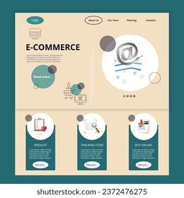 E-commerce flat landing page website template. Wishlist, tracking code, buy online. Web banner with header, content and footer. Vector illustration.