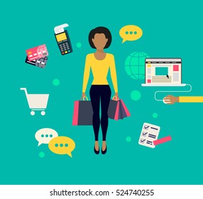E-commerce flat modern concept illustration online shopping. Woman holds shopping bags isolated on green with ecommerce symbols such as payment terminal, laptop, cart, credit cards and task list