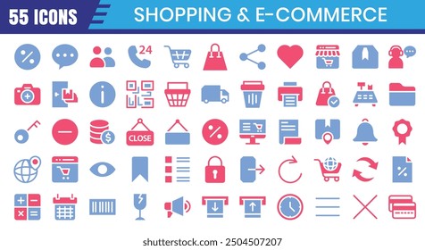 E-Commerce flat two-color icons set. Online shopping icon collection. Vector illustration