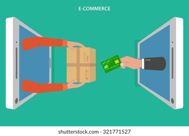 E-commerce flat vector concept. Hands of delivery man with package and customer with bank card are appeared from smartphones screen.