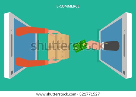 E-commerce flat vector concept. Hands of delivery man with package and customer with bank card are appeared from smartphones screen.