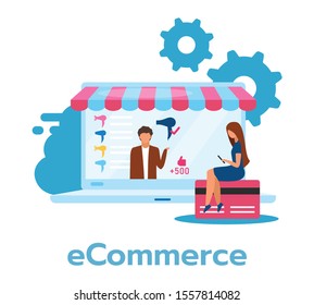 E-commerce flat vector illustration. Buying, selling products through Internet. Money, fund transaction. Online retailing. Electronic shop, store. Business model. Isolated cartoon character on white
