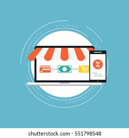E-commerce flat vector illustration design. Business concept for online shopping, e-banking, discounts, sales, wire transfers, m-banking