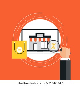 E-commerce flat vector illustration design. Online shopping, e-banking, discounts, retails, sales, wire transfers, m-banking, money management business concepts. Design for web banners and apps