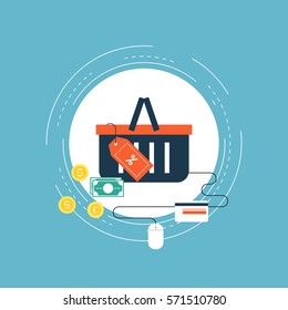 E-commerce flat vector illustration design. Online shopping, e-banking, discounts, retails, sales, wire transfers, m-banking, money management business concepts. Design for web banners and apps