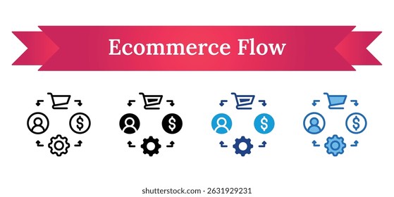 Ecommerce Flow - Outline, Glyph Silhouette Black Fill, Dual tone, Blue, Multi Style Icon - Ecommerce process with icons for user, money, and gear — flow of business acceleration