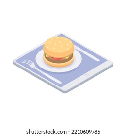 Ecommerce food delivery isometric icon with burger and tablet 3d vector illustration