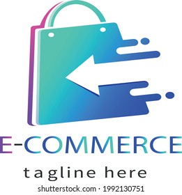 Comercio electrónico en forma de bolsa de compra, una plantilla de logotipo plana en color verde, azul y gris disponible.
