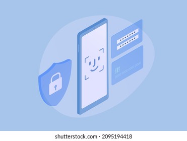 Banca móvil en la ilustración isométrica del smartphone. Concepto de compras seguras en internet. Pago seguro con tarjeta de crédito bancaria usando un teléfono móvil.