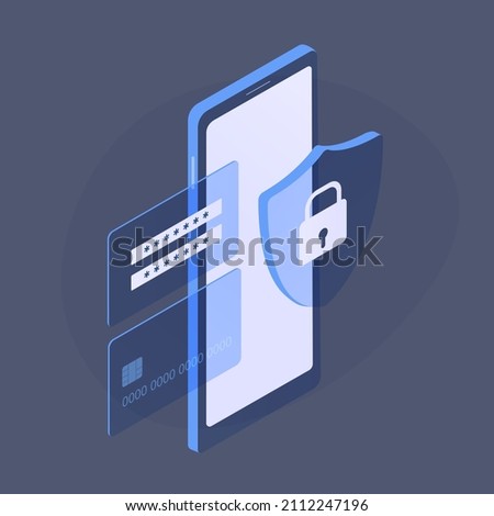 E-commerce fraud online payment concept. Mobile banking on smartphone isometric vector illustration. Secure online payment by bank credit card using a mobile phone.