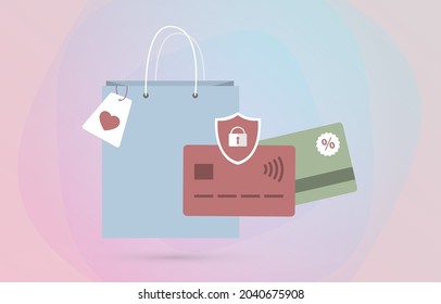 E-commerce fraud, Online Shopping concept. Credit bank card with a secure online payment and shopping icons