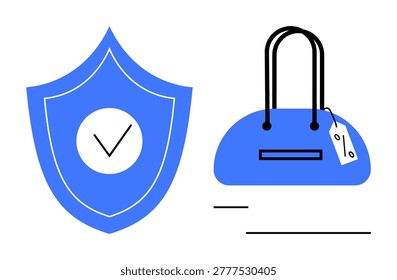 E-commerce, fraud prevention, brand authenticity, online shopping, anti-counterfeiting, secure transactions. Blue shield with checkmark and handbag with tag. E-commerce and fraud prevention concept