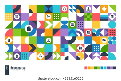 Ecommerce Geometric Retro Pattern. Shop, Retail Abstract Shape Background. Vector Art. Flat Market Poster, Fun Banner, Online Commerce Cover. Triangle, Square, Circle Forms. Store, Bag, Cart icon