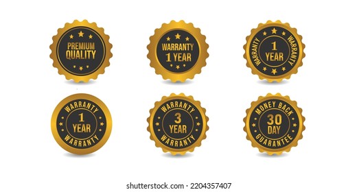 Ecommerce golden colored security badges of secure ordering, 30 days money back guarantee and other icons isolated on white background.