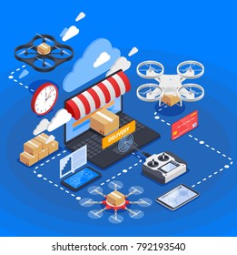 E-commerce And Goods Delivery By Drones Isometric Composition On Blue Background With Uav Controller Vector Illustration