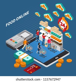 E-commerce grocery shopping isometric composition with customers buying food online with credit card payment terminal vector illustration 