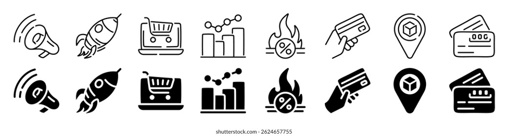 E-commerce and growth related icon set. Linear and silhouette style.