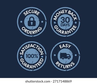 E-Commerce-Garantie-Badge-Set mit Symbolen für sichere Bestellung, Geld-zurück, Zufriedenheit und einfache Rückgabe - Vektorgrafik in hoher Qualität