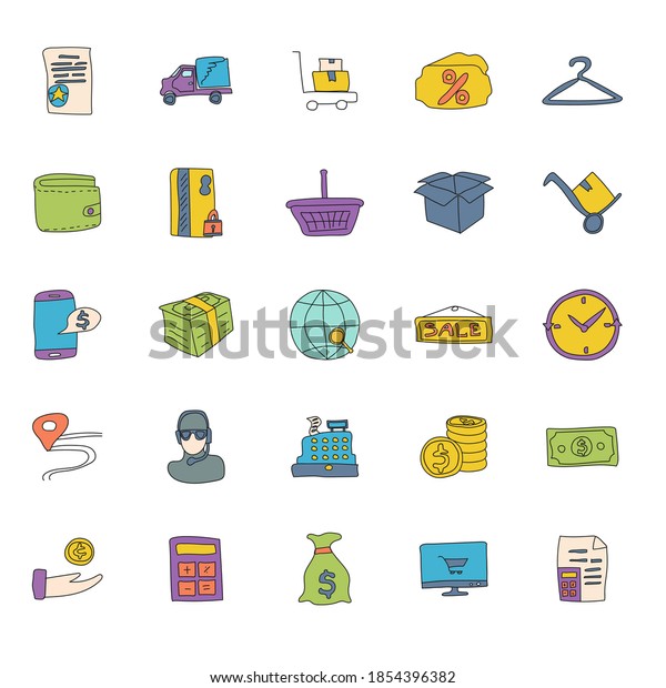 Ecommerce Hand Drawn Linear Doodles Isolated Stock Vector (Royalty Free ...