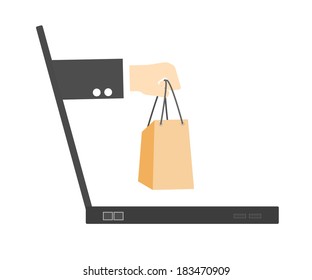 e-commerce Hand holding shopping bags concept comes from screen . vector  illustration