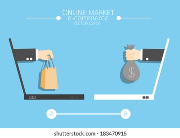 e-commerce Hand holding shopping online concept comes from screen . vector  illustration