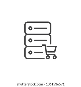 E-commerce hosting line icon. Data server and shopping cart linear style sign for mobile concept and web design. Database storage cart outline vector icon. Symbol, logo illustration. Pixel perfect 