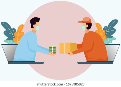 E-commerce Human Shopping Online Concept On Computer From Screen . People Exchanging Goods And Money On Computers. Delivery At Home Concept. Social Distancing From Coronavirus. Vector Illustration