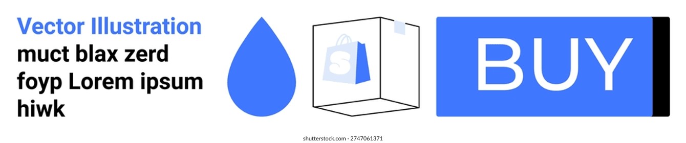 Ecommerce, hydration logos, online shopping, interface design, purchase buttons, water concept. Blue drop with 3D cube and a Buy button. Ecommerce and hydration emphasis for digital interfaces