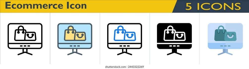 Icono de comercio electrónico con 5 estilos (contorno, color lineal, contorno de color, sólido y color)