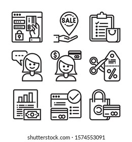 Ecommerce Icon Black Thin Line Set Online Shopping Service for Web and App Isolated on White Background. Vector illustration