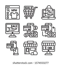 Ecommerce Icon Black Thin Line Set Online Shopping Service for Web and App Isolated on White Background. Vector illustration