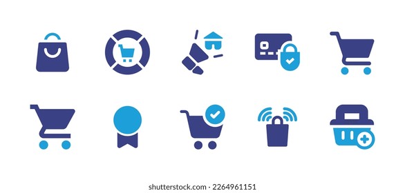 Ecommerce icon collection. Duotone color. Vector illustration. Containing shopping bag, pie chart, ecommerce, secure payment, cart, badge, cart verify, add cart.