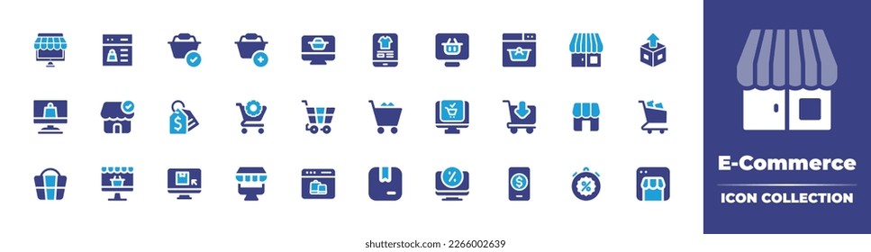 E-Commerce icon collection. Duotone color. Vector illustration. Containing ecommerce, basket, shop, cardboard box, online shopping, official store, price tag, cart, shopping cart, buying, checkout.