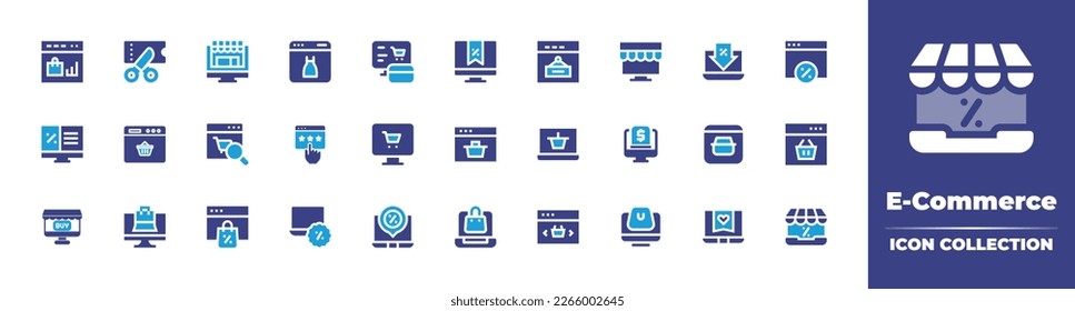 E-Commerce icon collection. Duotone color. Vector illustration. Containing shopping online, coupon, online shop, commerce and shopping, online shopping, computer, sale, discount, searching, rating.