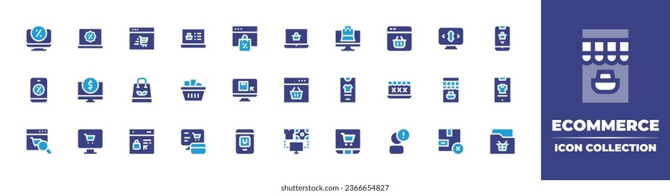 Ecommerce icon collection. Duotone color. Vector illustration. Containing ecommerce, shopping bag, computer, discount, basket, smartphone, trade, online shopping, searching, online shop, online store.